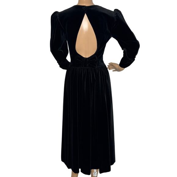 1980s Laura Ashley Black Velvet Puff Sleeve Midi Open Back with Bow Dress small - Picture 2 of 14